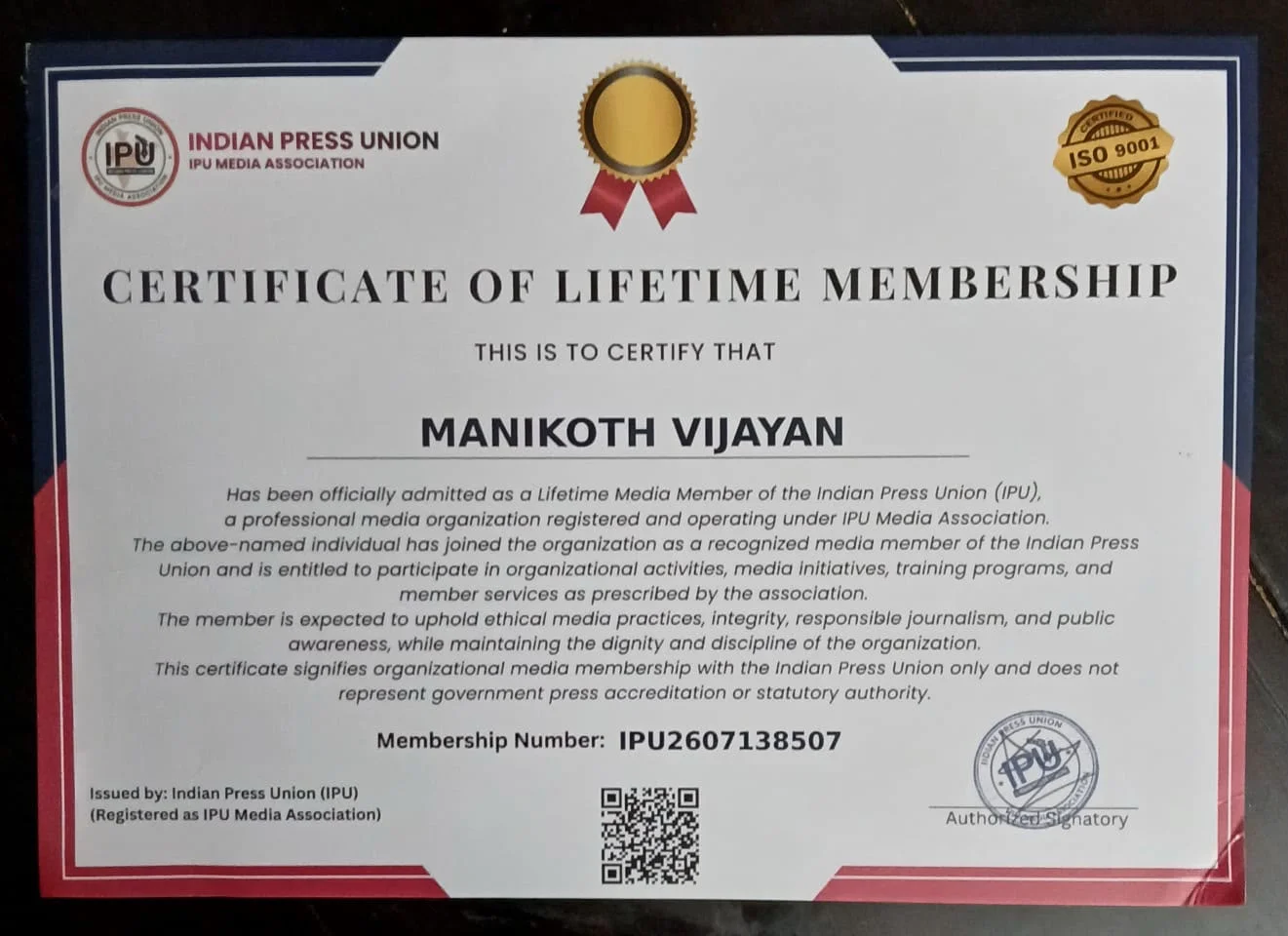 Dr. Vijay Manikoth's Certificate of Lifetime Membership from the Indian Press Union