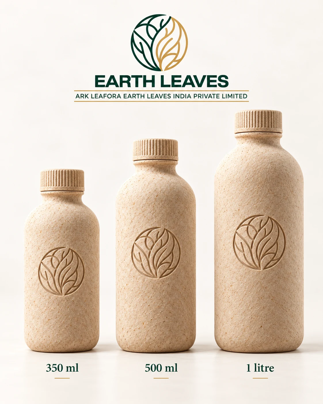 Earth Leaves paper-pulp bottles in 350 ml, 500 ml and 1 litre formats
