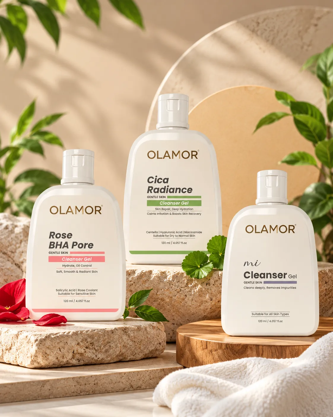 OLAMOR Rose BHA Pore, Cica Radiance and Mi cleanser gels